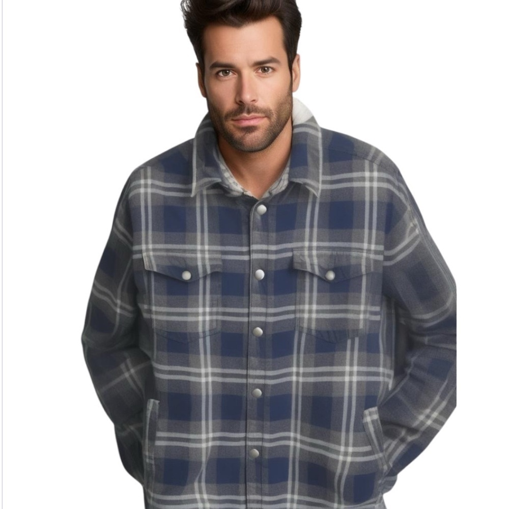 Lucky Brand Sherpa-Lined Plaid Flannel Jacket - Blue and Gray, Size Men’s Large